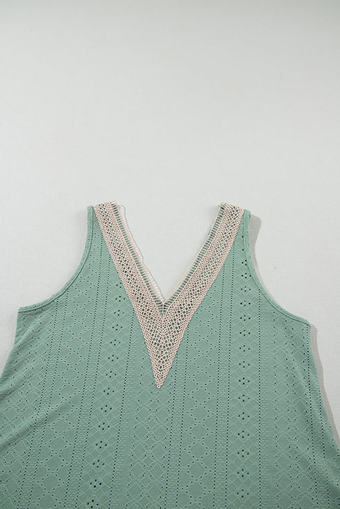 Textured Eyelet Lace Trim V Neck Tank
