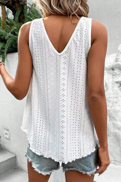 Textured Eyelet Lace Trim V Neck Tank