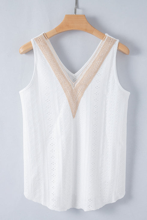 Textured Eyelet Lace Trim V Neck Tank