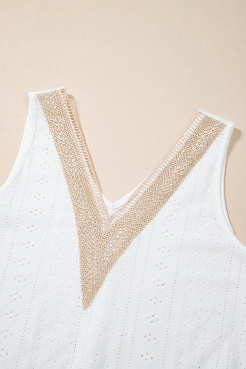 Textured Eyelet Lace Trim V Neck Tank