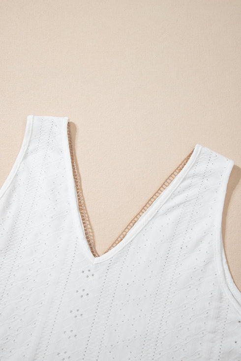 Textured Eyelet Lace Trim V Neck Tank