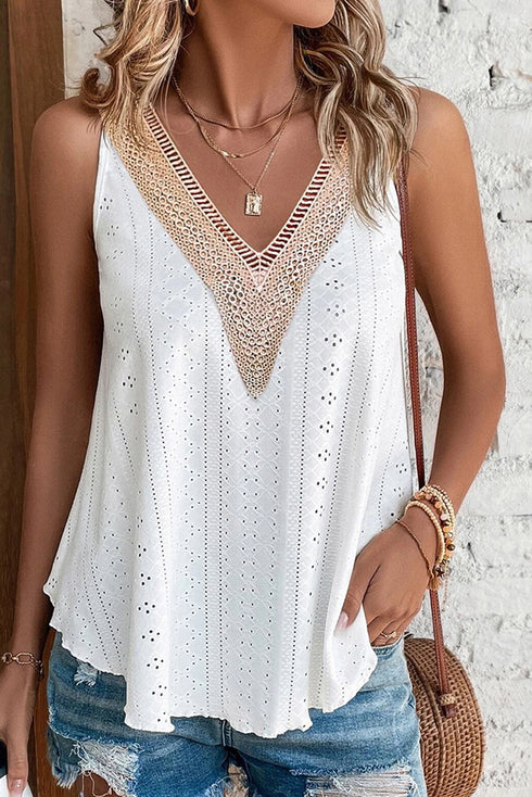 Textured Eyelet Lace Trim V Neck Tank