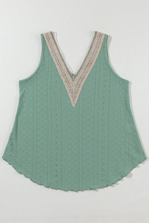 Textured Eyelet Lace Trim V Neck Tank