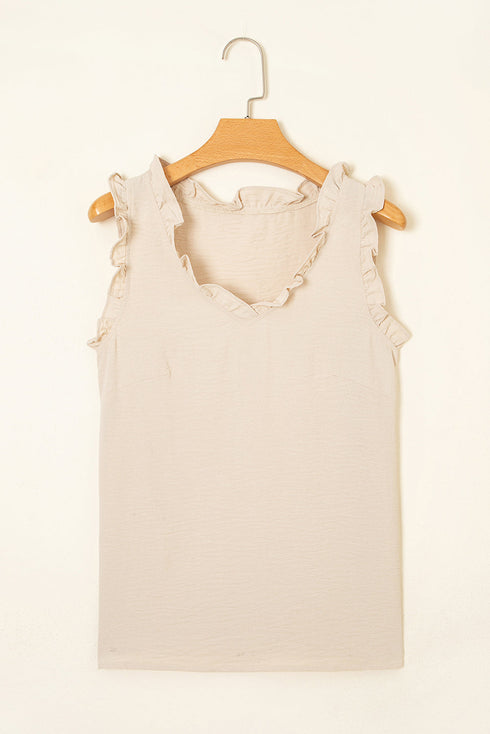 Textured Fabric Ruffle Trim V Neck Sleeveless Tank Top