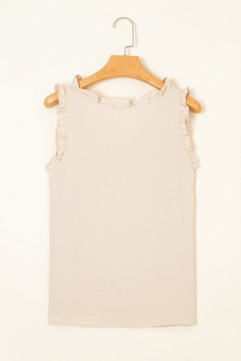 Textured Fabric Ruffle Trim V Neck Sleeveless Tank Top