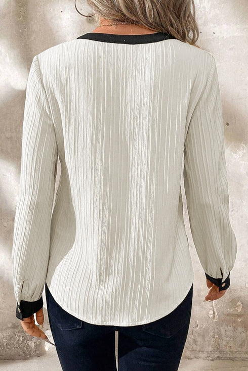Textured Fabric V Neck Long Sleeve Blouse