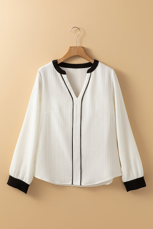 Textured Fabric V Neck Long Sleeve Blouse