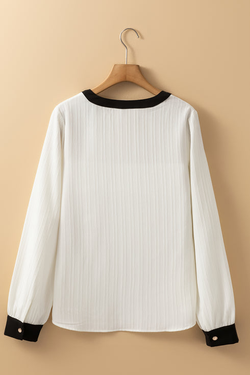 Textured Fabric V Neck Long Sleeve Blouse