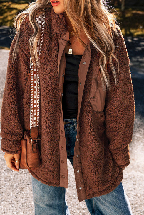 Textured Faux Shearling Teddy Bear Fleece Jacket