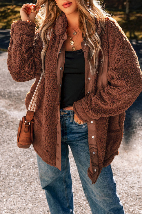 Textured Faux Shearling Teddy Bear Fleece Jacket