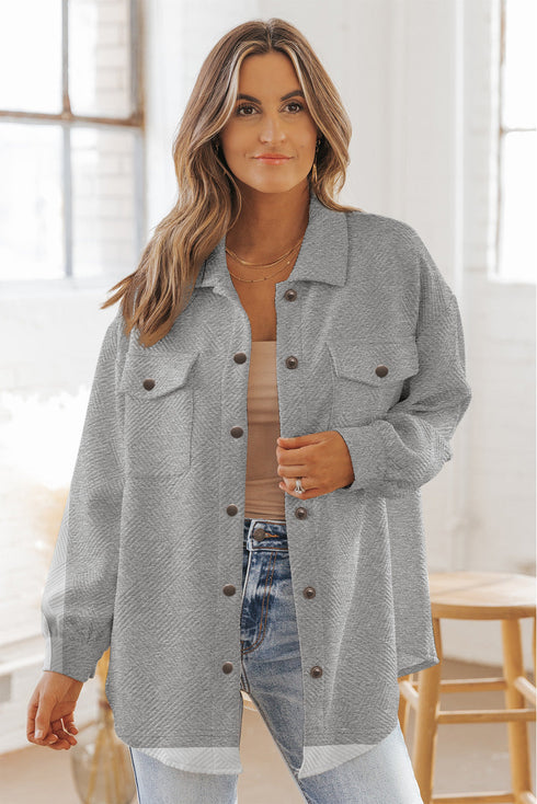 Textured Flap Pocket Button Front Casual Shirt Jacket