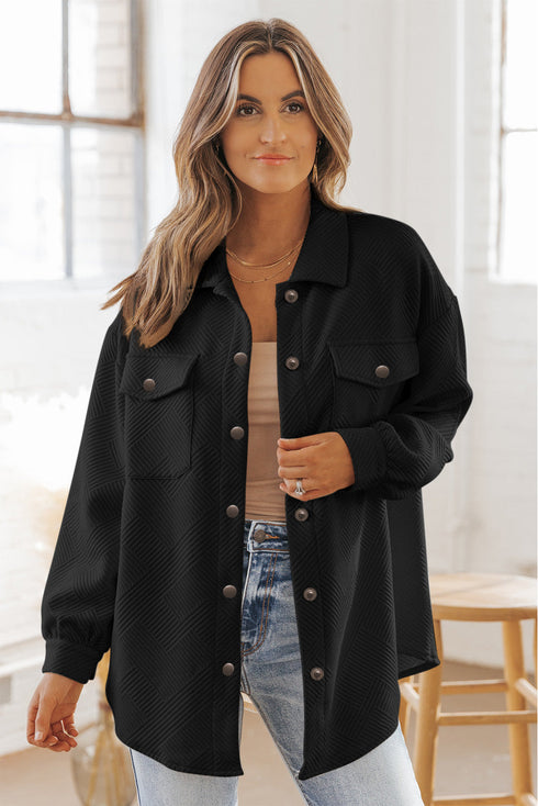 Textured Flap Pocket Button Front Casual Shirt Jacket
