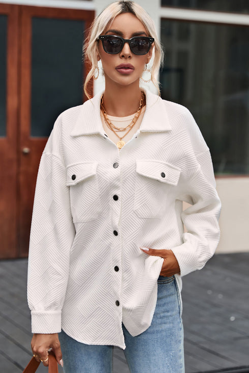 Textured Flap Pocket Button Front Casual Shirt Jacket