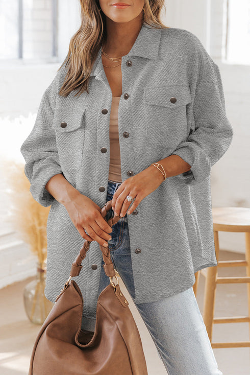 Textured Flap Pocket Button Front Casual Shirt Jacket
