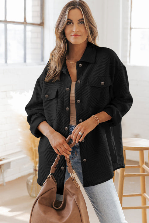Textured Flap Pocket Button Front Casual Shirt Jacket