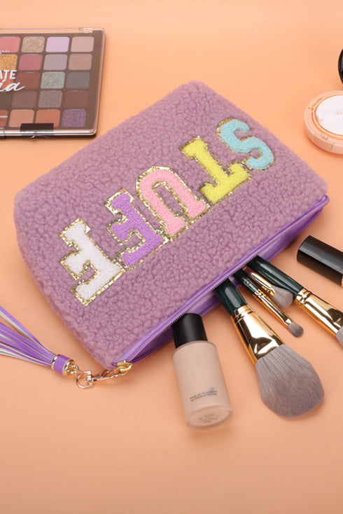 Textured Fleece Sequin Letter Patch Zippered Makeup Bag