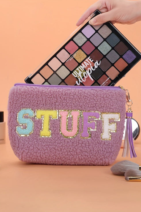 Textured Fleece Sequin Letter Patch Zippered Makeup Bag