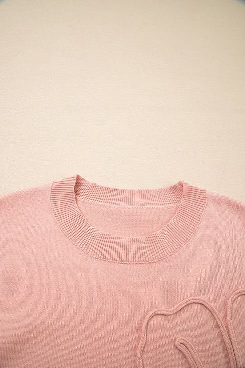 Textured Floral Applique Bishop Sleeve Crew Neck Sweater
