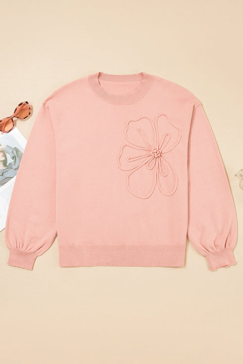 Textured Floral Applique Bishop Sleeve Crew Neck Sweater