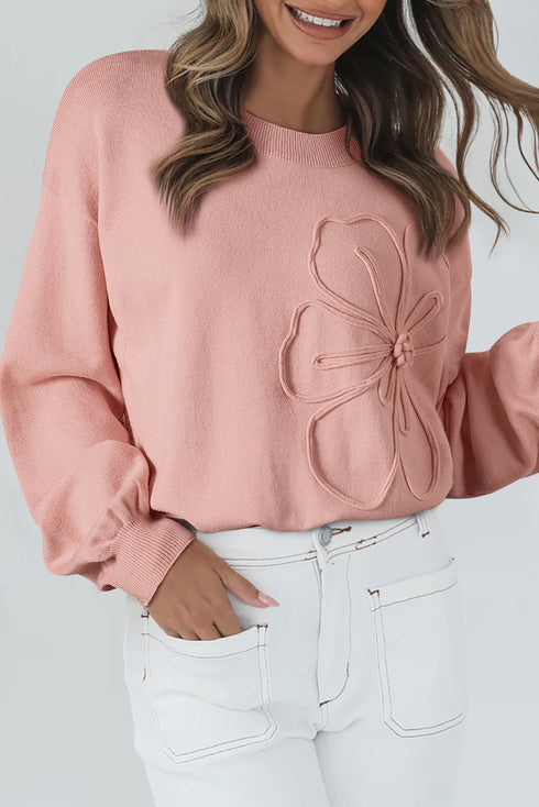 Textured Floral Applique Bishop Sleeve Crew Neck Sweater