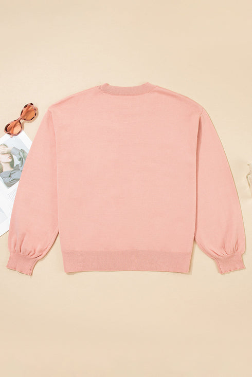 Textured Floral Applique Bishop Sleeve Crew Neck Sweater