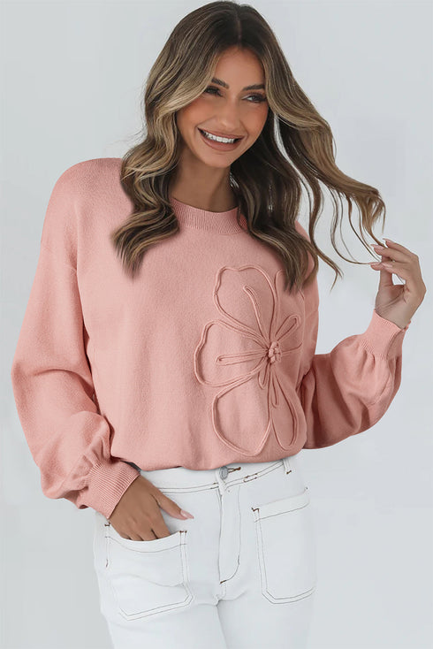Textured Floral Applique Bishop Sleeve Crew Neck Sweater