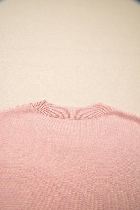 Textured Floral Applique Bishop Sleeve Crew Neck Sweater