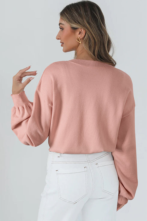 Textured Floral Applique Bishop Sleeve Crew Neck Sweater
