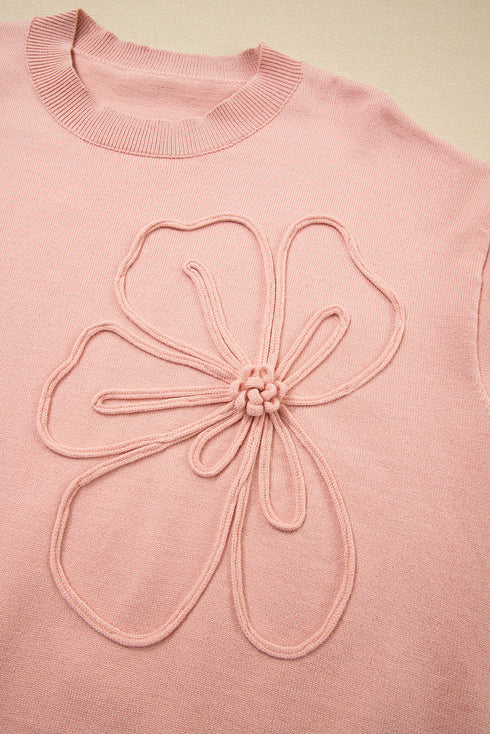 Textured Floral Applique Bishop Sleeve Crew Neck Sweater