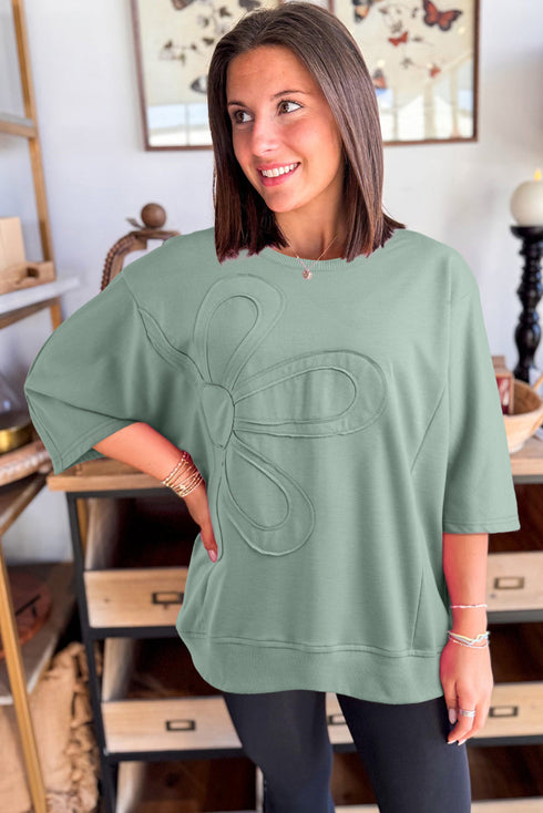 Textured Floral Applique Short Sleeve Pullover Top