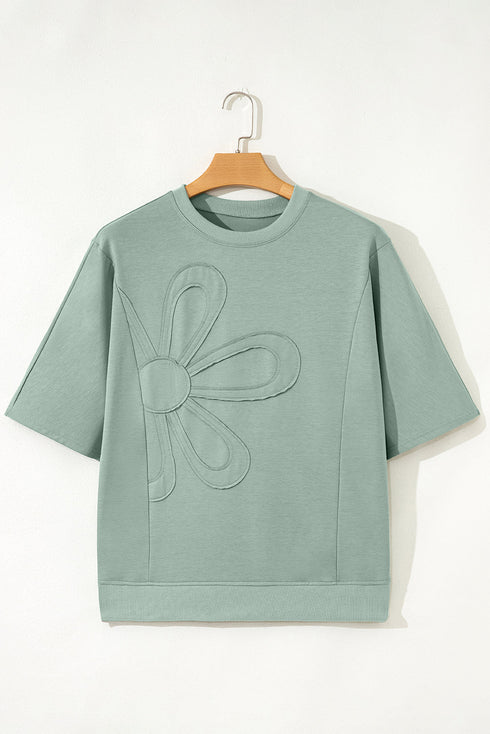 Textured Floral Applique Short Sleeve Pullover Top
