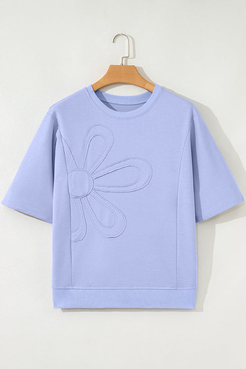 Textured Floral Applique Short Sleeve Pullover Top