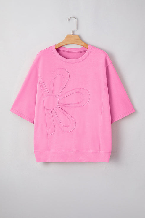Textured Floral Applique Short Sleeve Pullover Top