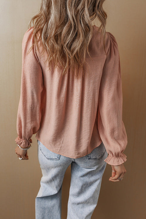 Textured Floral Embroidered Flounce Sleeve Relaxed Fit Blouse