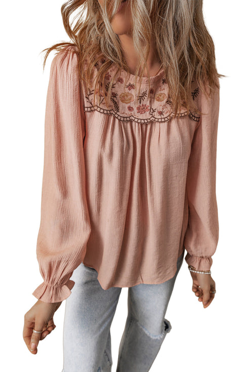 Textured Floral Embroidered Flounce Sleeve Relaxed Fit Blouse