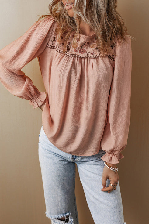 Textured Floral Embroidered Flounce Sleeve Relaxed Fit Blouse