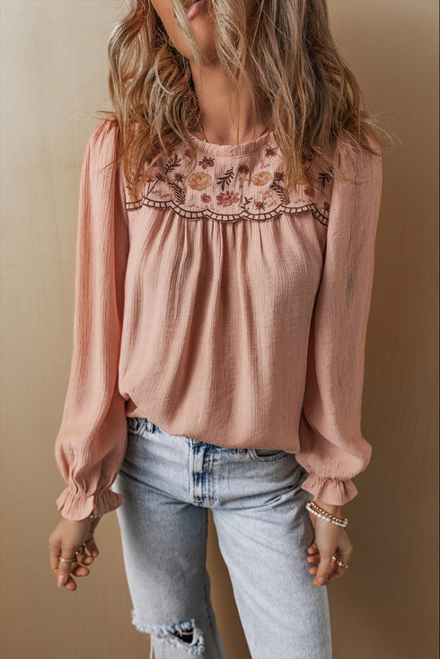 Textured Floral Embroidered Flounce Sleeve Relaxed Fit Blouse