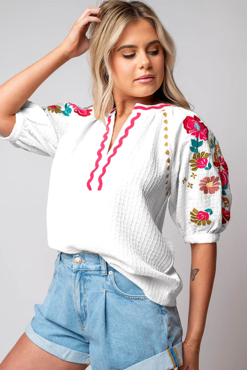 Textured Floral Embroidered Puff Sleeve Ricrac Trim Blouse
