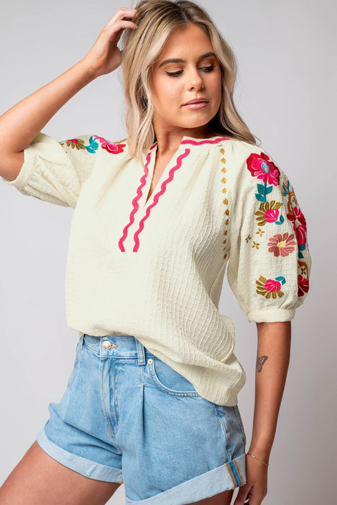 Textured Floral Embroidered Puff Sleeve Ricrac Trim Blouse