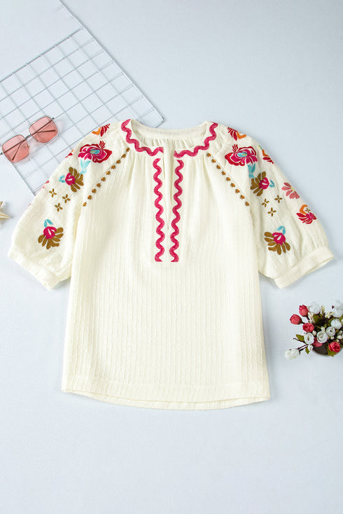 Textured Floral Embroidered Puff Sleeve Ricrac Trim Blouse