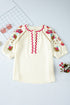 Textured Floral Embroidered Puff Sleeve Ricrac Trim Blouse