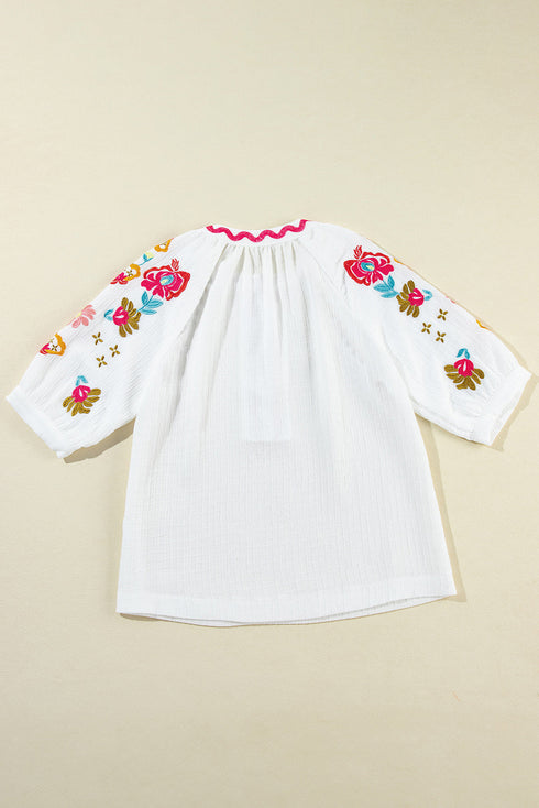 Textured Floral Embroidered Puff Sleeve Ricrac Trim Blouse
