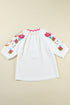 Textured Floral Embroidered Puff Sleeve Ricrac Trim Blouse