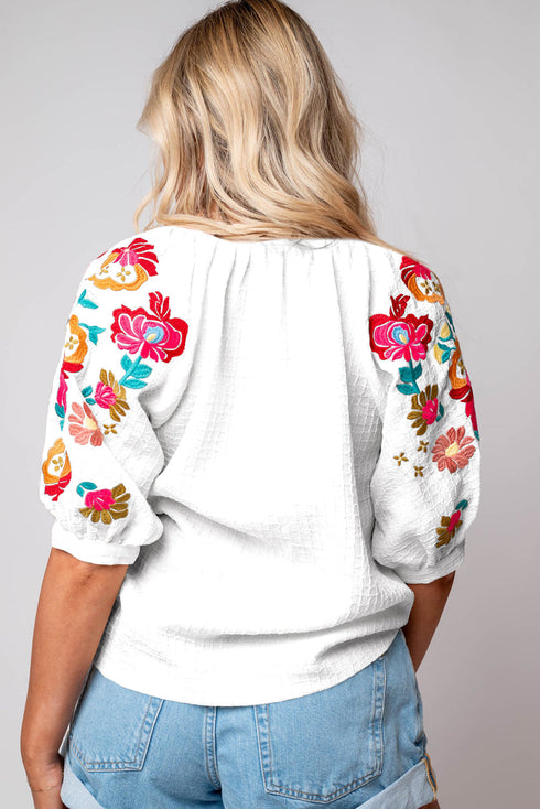 Textured Floral Embroidered Puff Sleeve Ricrac Trim Blouse