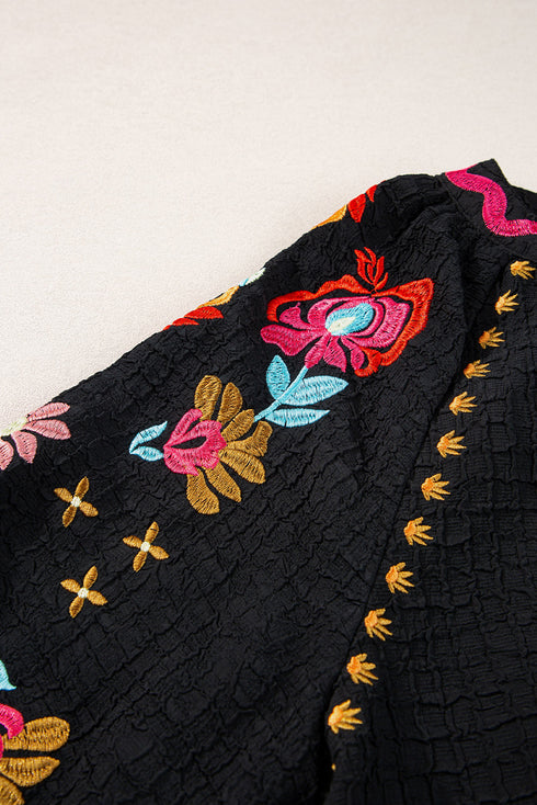 Textured Floral Embroidered Puff Sleeve Ricrac Trim Blouse