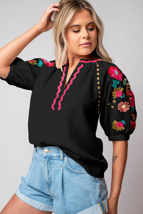 Textured Floral Embroidered Puff Sleeve Ricrac Trim Blouse