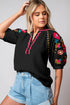 Textured Floral Embroidered Puff Sleeve Ricrac Trim Blouse