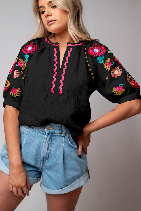 Textured Floral Embroidered Puff Sleeve Ricrac Trim Blouse