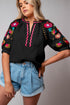 Textured Floral Embroidered Puff Sleeve Ricrac Trim Blouse