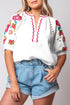 Textured Floral Embroidered Puff Sleeve Ricrac Trim Blouse